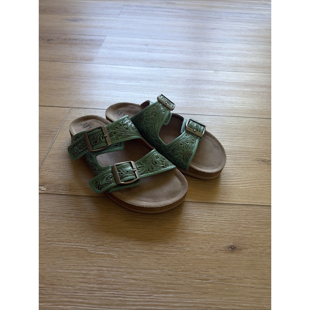 MYRA Leather Slide Sandals Turquoise/Brown Floral Double Buckle Size 7 Western